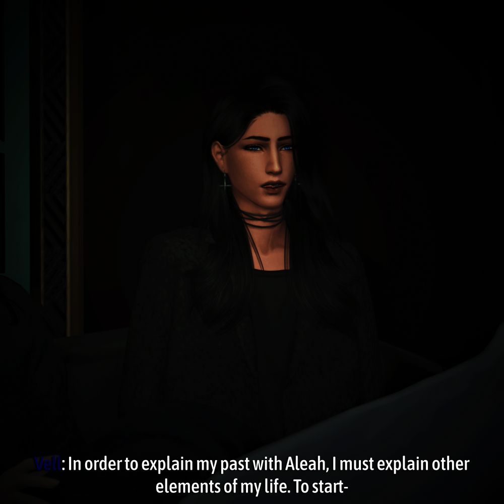 Looking over Daye's shoulder to see Vell speaking.

Text:
[Vell] In order to explain my past with Aleah, I must explain other elements of my life. To start-