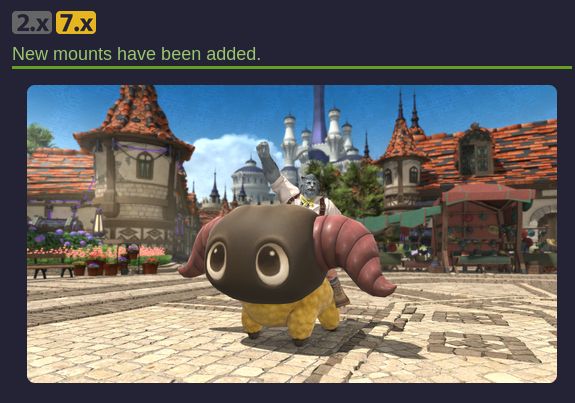 2.x 7.x
New mounts have been added

[a goat-like creature with large eyes, yellow, body, black head, and large purple horns, in a square of a rustic medieval town]