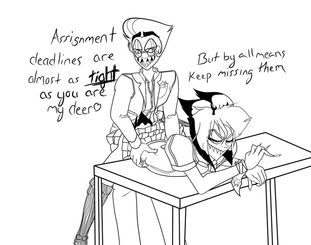 Lucifer railing Alastor dressed like a school girl on a desk while saying "Assignment deadlines are almost as tight as you are my deer, but by all means keep missing them"