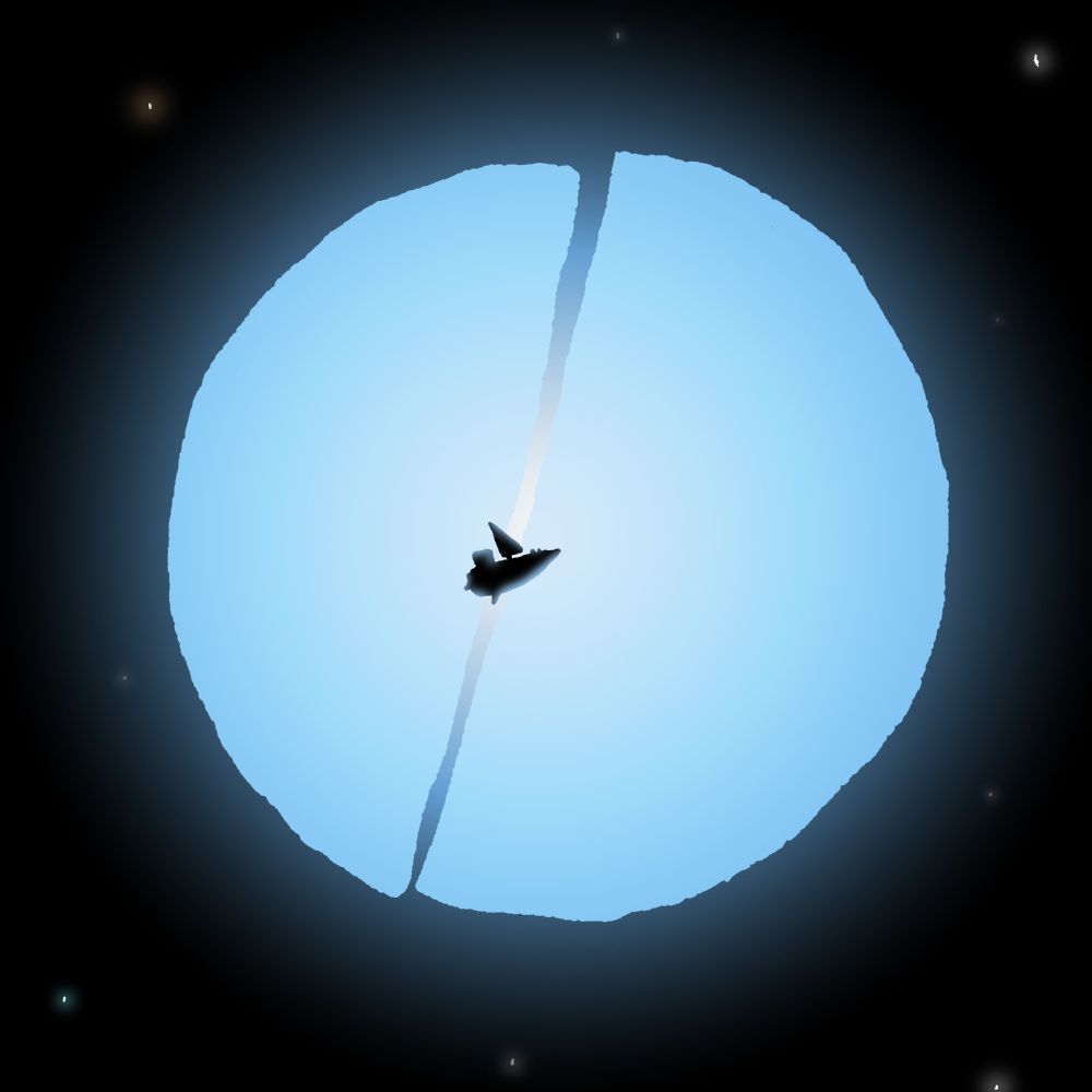 A star, a sphere glowing with weak blue light, split cleanly in half. A tiny, sea-ship shaped space ship, floats in front of it, dwarfed by the star. A few other stars twinkle far away in the background.