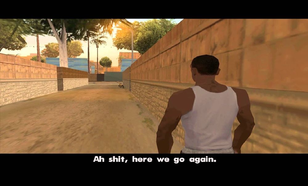 The famous San Andreas screenshot of CJ going "ah shit, here we go again"