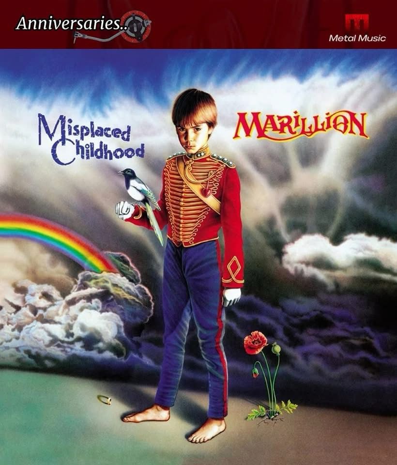 Album cover for Marillion's "Misplaced Childhood," featuring a boy in a red military jacket holding a bird, with a rainbow, clouds, flowers, and the band’s name in the background.