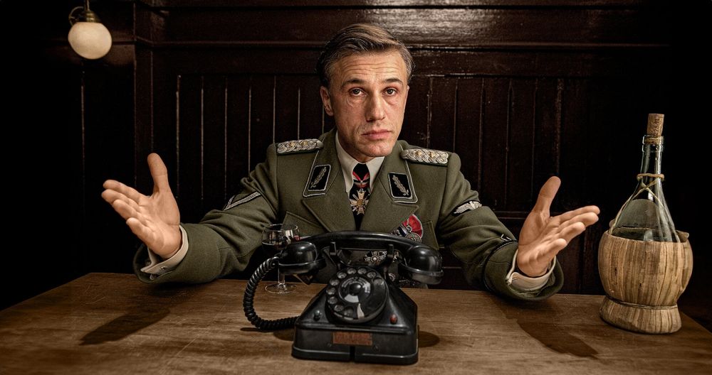 Photo of the polyglot and cultured nazi character played by Christoph Waltz in the film Inglourious Basterds.