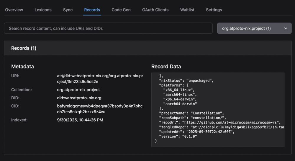 Screenshot of a web application's record viewer for an ATProto lexicon. The interface is in a dark mode. Under the 'Metadata' heading, it lists the record's URI as 'at://did:web:atproto-nix.org/org.atproto-nix.project/3m23ls6u5ds2e', collection, DID, and CID. The 'Indexed' date is '9/30/2025, 10:44:26 PM'. To the right, under 'Record Data,' a black box shows a JSON object with key-value pairs like '"nixStatus": "unpackaged"', '"projectName": "Constellation"', and '"tangledRepo"' with a long at-uri.