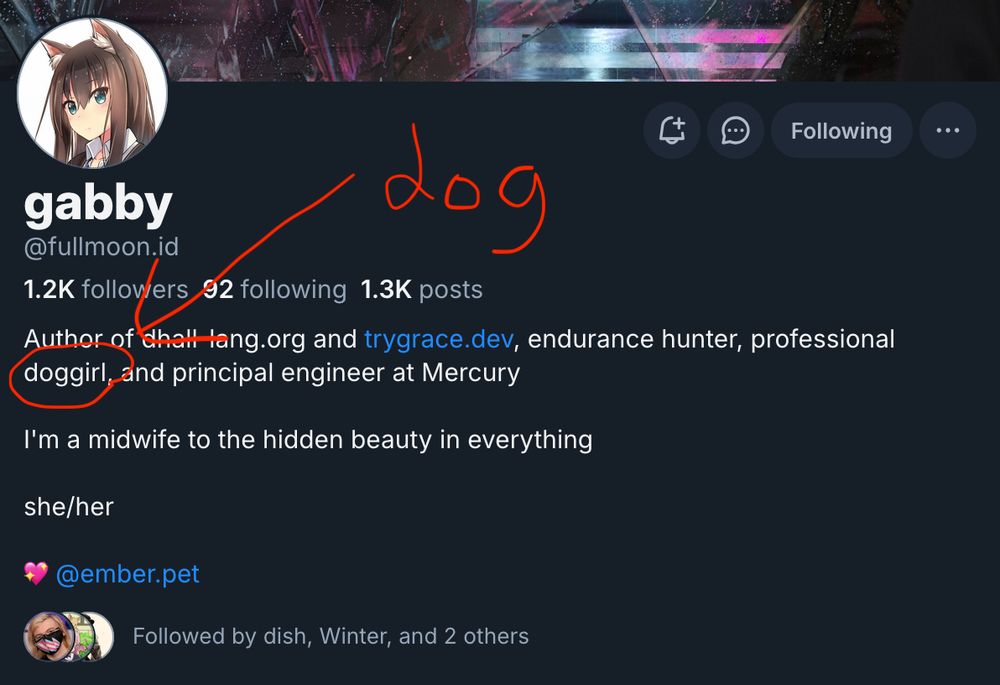 A screenshot of the Bluesky social media profile for a user named "gabby" (@fullmoon.id). The profile picture is an anime drawing of a girl with brown hair and animal ears. Red, hand-drawn annotations highlight a part of the bio. The word "doggirl" in the bio is circled in red, and a large, red, handwritten word "dog" is written above it with a line pointing down to the circled word.