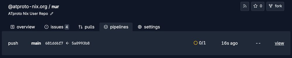 A screenshot of a GitHub repository page for "@atproto-nix.org / nur". The "pipelines" tab is selected, showing a recent push to the main branch 16 seconds ago. The pipeline has a pending status, indicated by a yellow circle and a "0/1" progress indicator. The repository has 0 stars and 0 forks.