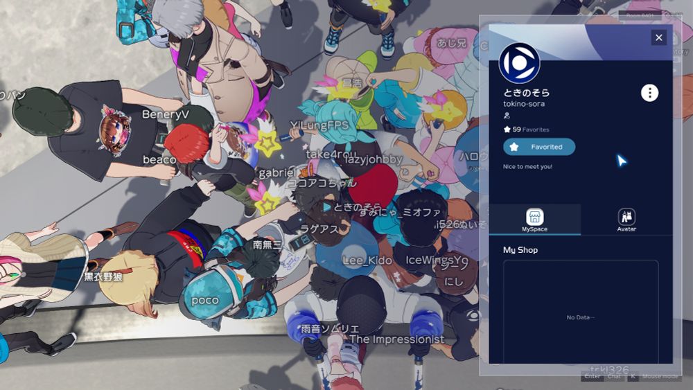 Screenshot of Holoearth. A crowd of people gather around Tokino Sora. Her profile panel is pulled up on the left. Notably missing is the button to the right of the favorite button, that you can use to send a friend request.