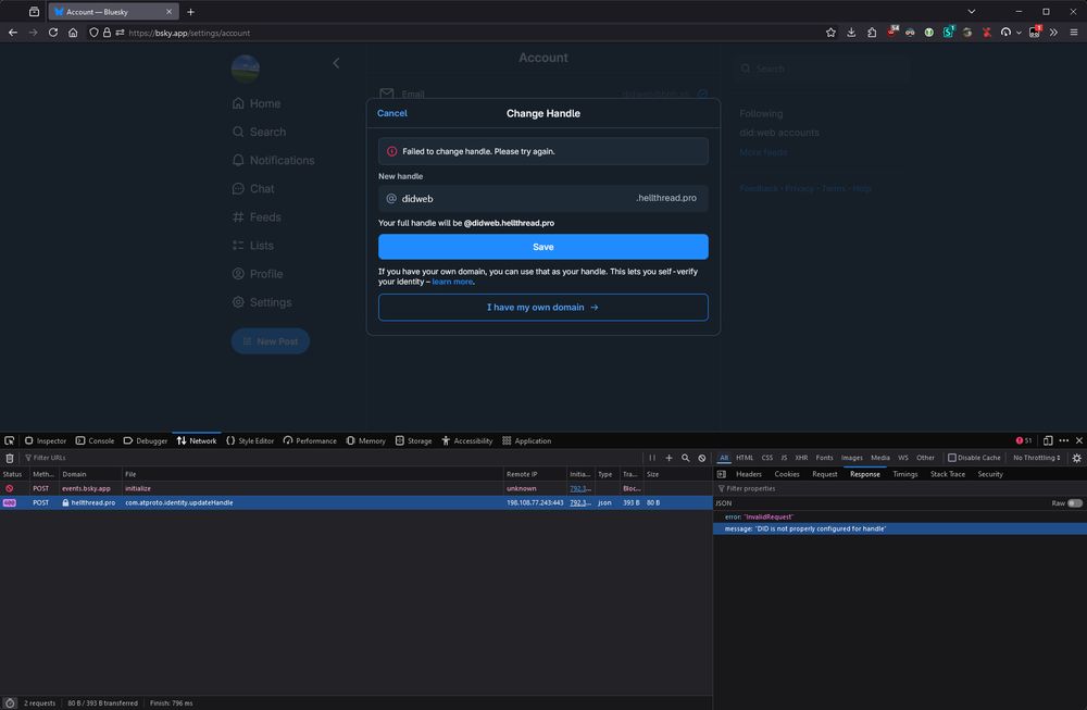 a screenshot of the error message in the handle changer
DID is not properly configured for handle