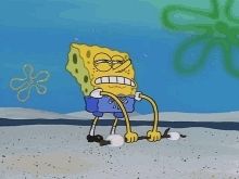 SpongeBob trying to lift a stick with two marshmallows at either end