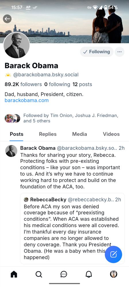 A screenshot of @barackobama.bsky.social 's Bluesky profile showing 89.2k followers
