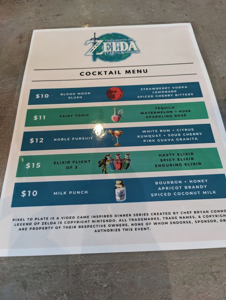Drink menu at Zelda dinner