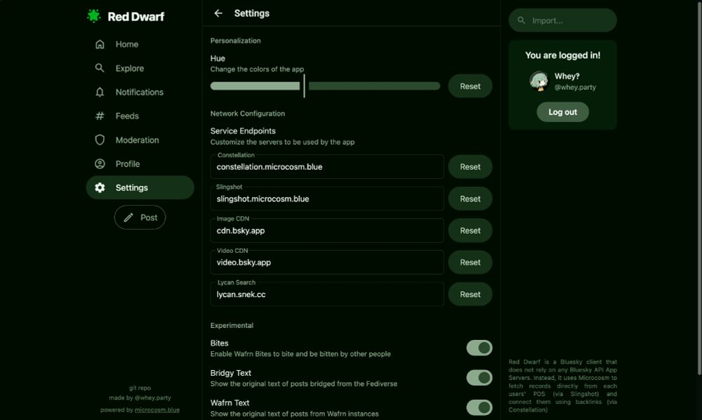 red dwarf settings page in dark mode