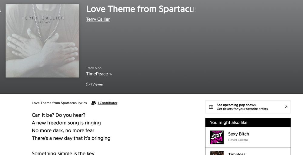 love theme from spartacus
you might also like
sexy bitch by david guetta