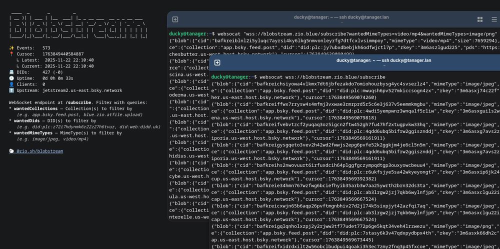 An screenshot of Blobstream in Firefox, showing the landing page with various stats, and two Terminals open showing it in use — the output on both show various events concerning only blob uploads to ATProto.