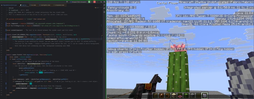 A screenshot of two windows on a desktop. On the left is a lua script, and on the right is a minecraft java edition window running the latest snapshot, demonstrating that the lua script is being run in the game.