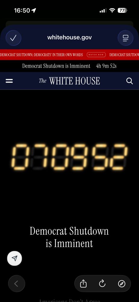 A screenshot of whitehouse.gov. Of note are 2 countdown timers on display showing two different times.