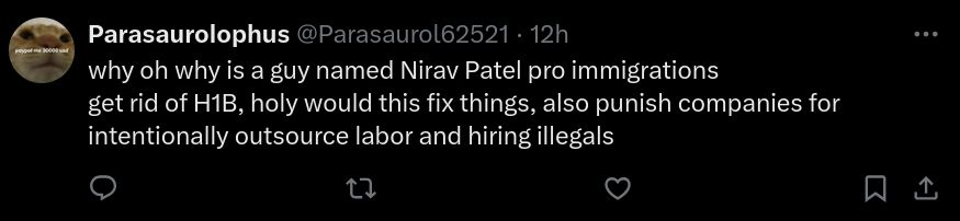 Twitter Screenshot from Parasaurolophus. Text reads "why oh why is a guy named Nirav Patel pro immigrations get rid of H1B, holy would this fix things, also punish companies for intentionally outsource labor and hiring illegals"