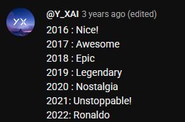 youtube comment that says
2016: Nice
2017: Awesome
2018: Epic
2019: Legendary
2020: Nostalgia
2021: Unstoppable!
2022: Ronaldo