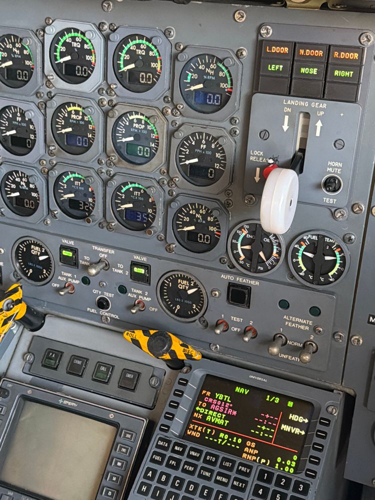 The instrument panel of a dash 8. Lots of engine gauges. Gear lever and indicators. FMS boxes, fuel gauges, lights. There’s shit everywhere. 
