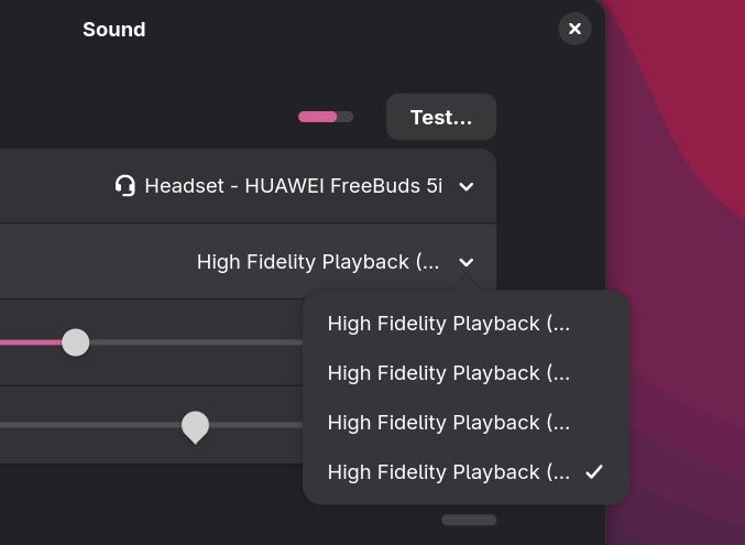 gnome sound settings menu w/ bluetooth configuration open and all options are "High Fidelity Playback (..." (the rest is cut off) 