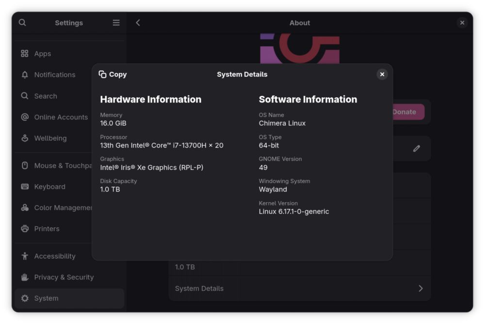 i'm running chimera linux w/ gnome 49