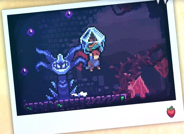 celeste screenshot. a picture of theo in his crystal prison being carried by madeline
