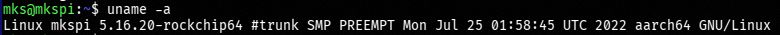 Screenshot from an SSH session.
Transcription:

mks@mkspi:~$ uname -a
Linux mkspi 5.16.20-rockchip64 #trunk SMP PREEMPT Mon Jul 25 01:58:45 UTC 2022 aarch64 GNU/Linux