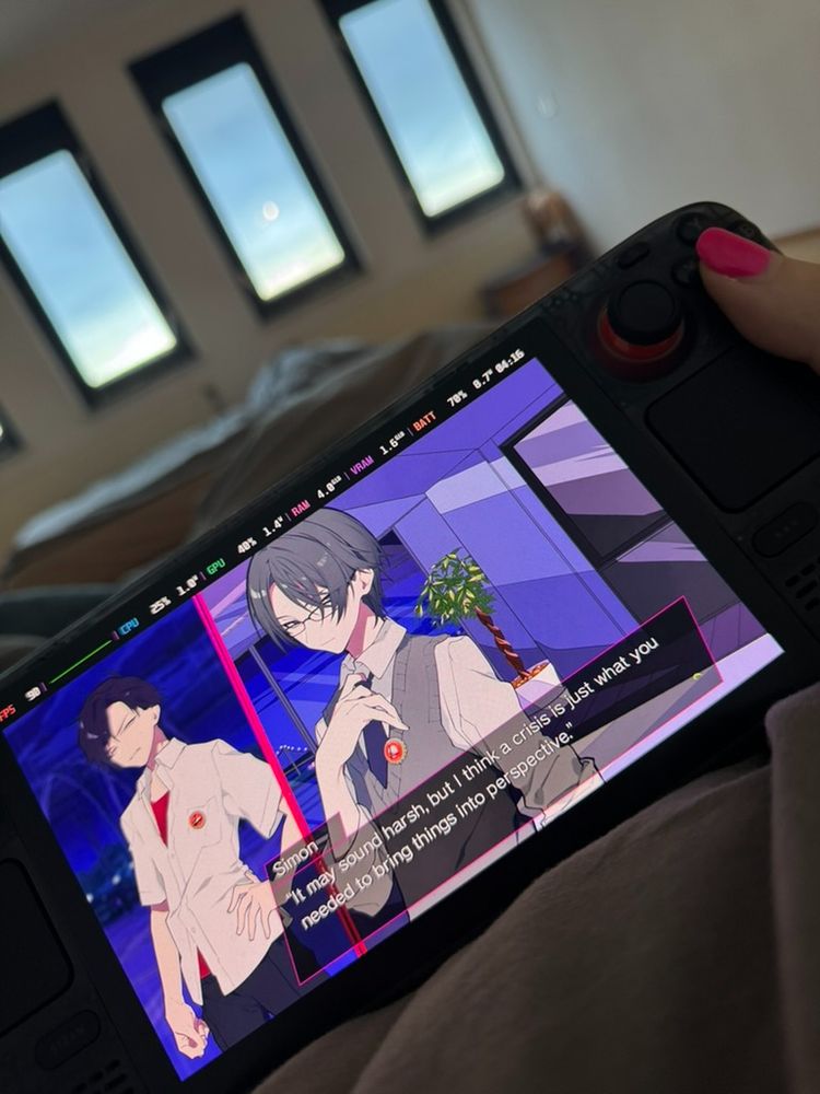 a photo of a steam deck in bed showing a scene from the VN "LOOPERS"

the text reads "It may sound harsh, but I think a crisis is just what you needed to bring things into perspective."