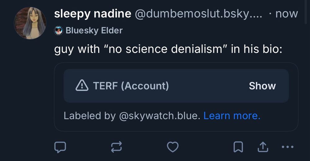 the above quote post with the post being quoted labeled with a warning for “TERF (Account)” by skywatch.blue