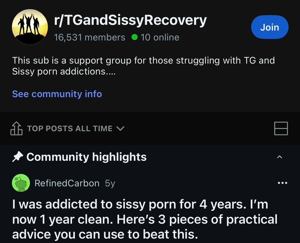 subreddit “r/TGandSissyRecovery” with description “This sub is a support group for those struggling with TG and Sissy porn addictions…”

the top post of all time is from 5 years ago by RefinedCarbon; the title reads “I was addicted to sissy porn for 4 years. I’m now 1 year clean. Here’s 3 pieces of practical advice you can use to beat this.”